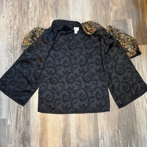Coldwater Creek Women L Embroidered Floral Reversible Kimono Jacket Gold Black - Picture 2 of 9